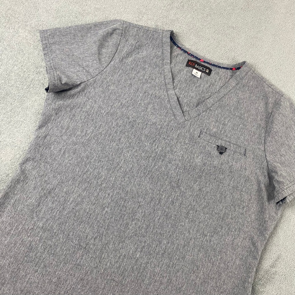 Koi Women Medium Scrub Top Gray V-Neck Short Sleeve‎ Pocket Medical Uniform